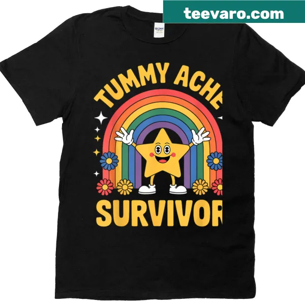 Cute Tummy Ache Survivor T-shirt with rainbow and stars illustration.