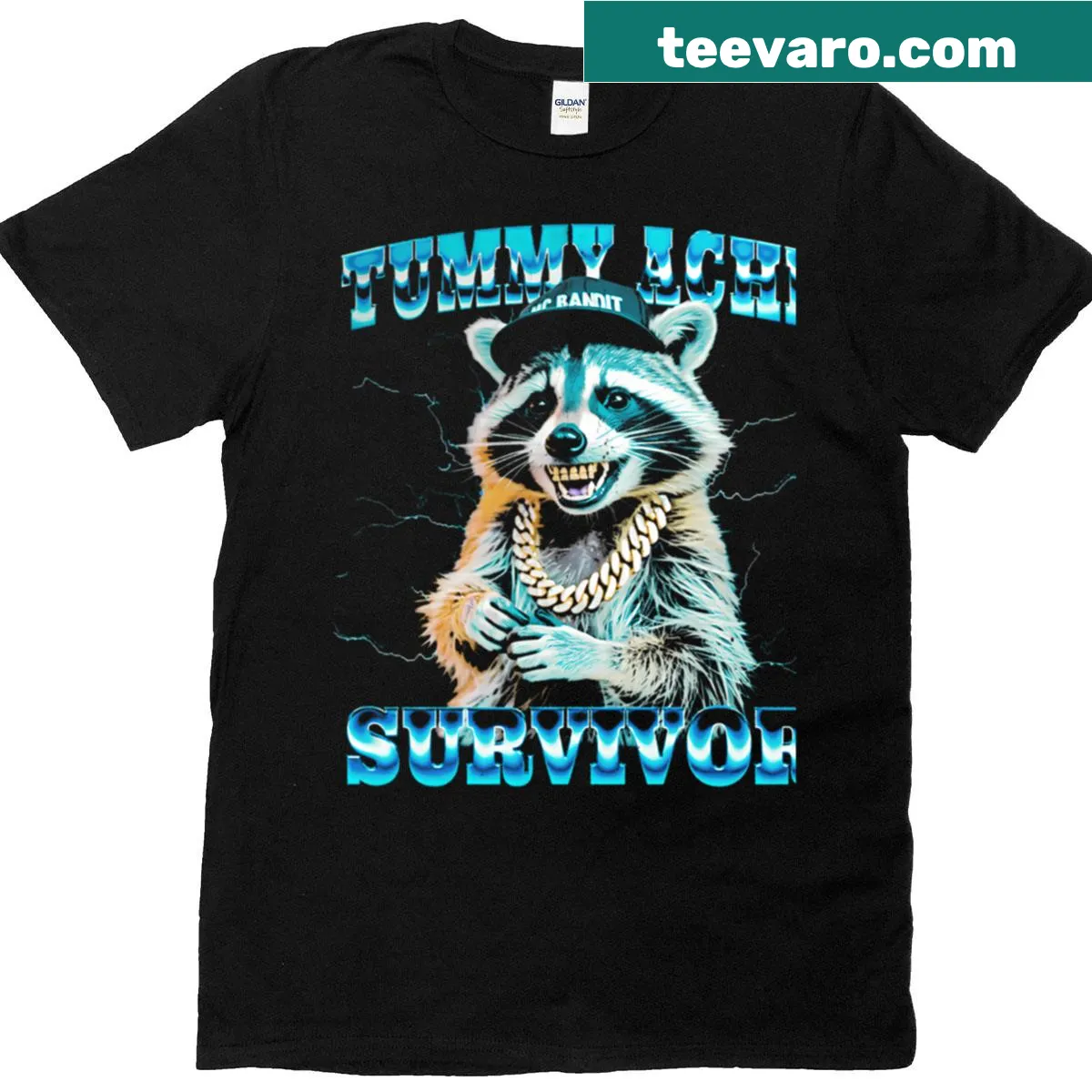 Illustrated raccoon on a t-shirt with the phrase 'Tummy Ache Survivor' — on a men's t-shirt