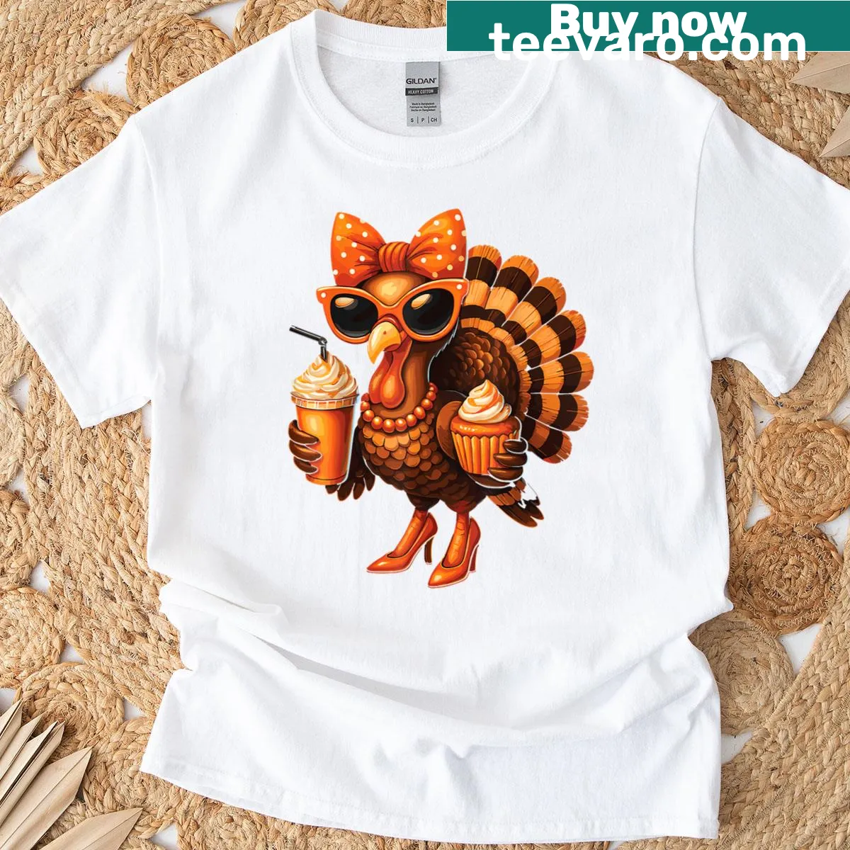 Whimsical turkey with coffee and bow illustration for Thanksgiving T-shirt — on a men's t-shirt