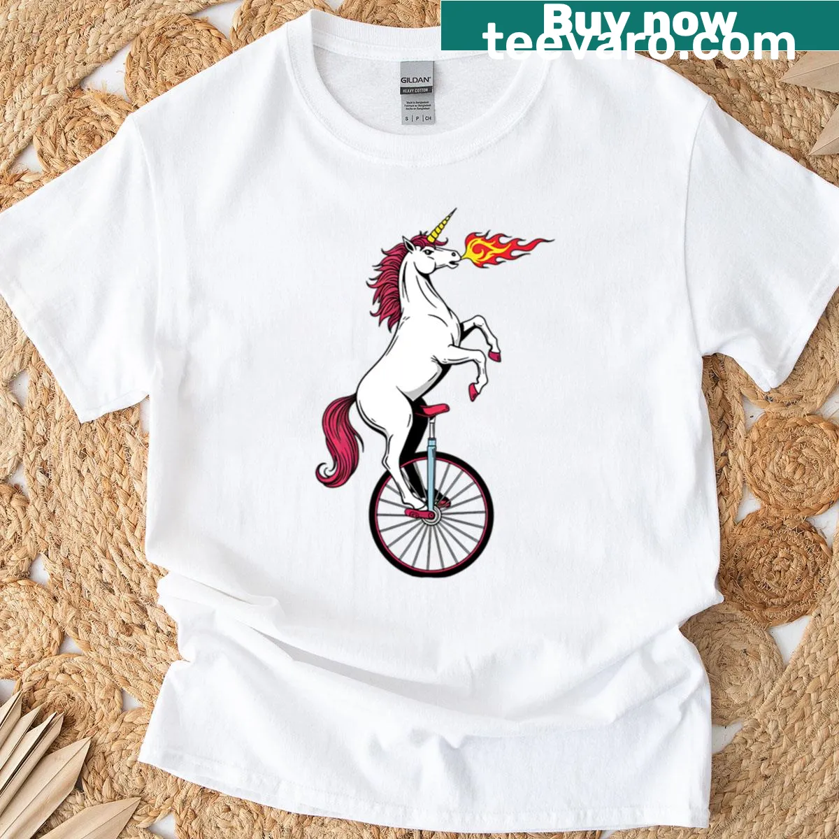 Funny oversized unicorn riding a unicycle in a playful design. — on a men's t-shirt