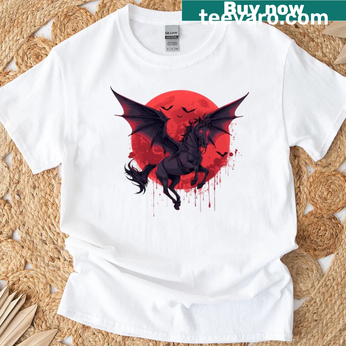 Oversized T-shirt featuring Vampire Horse Pegasus under a blood moon — on a men's t-shirt