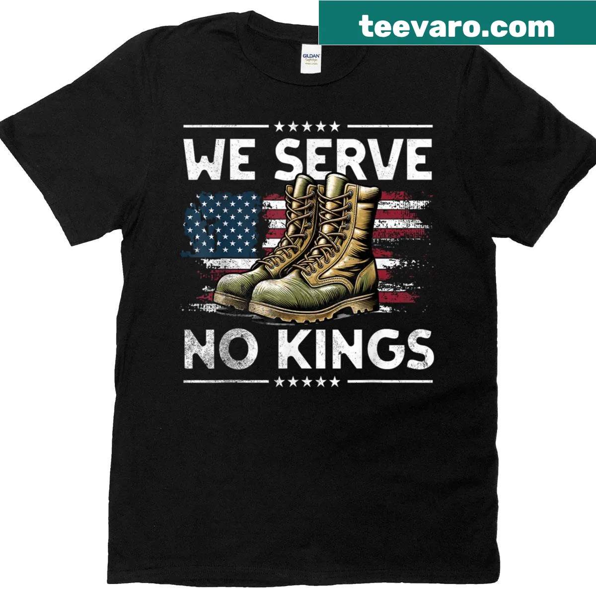 T-shirt with bold text stating 'No Kings', honoring veterans. — on a men's t-shirt