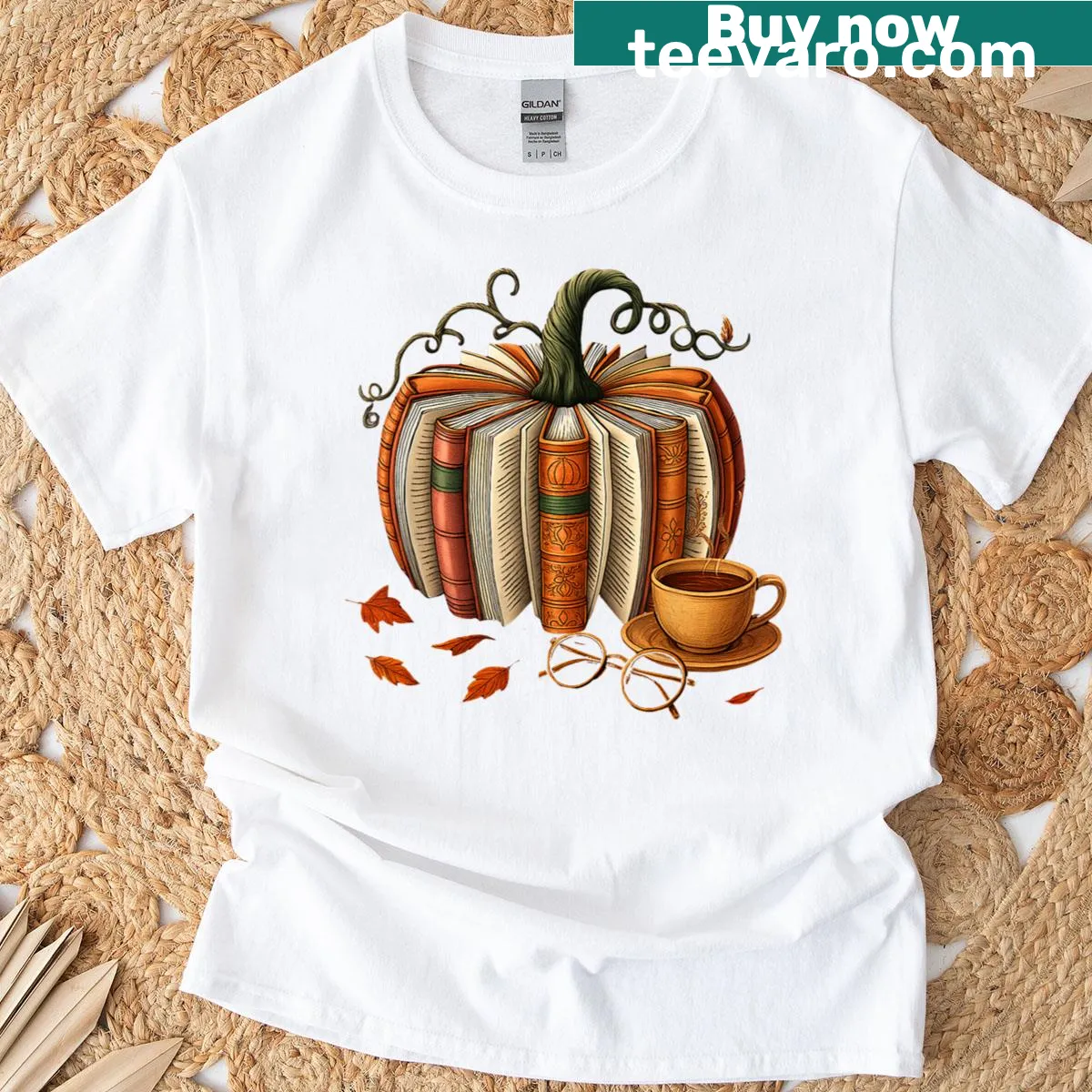 T-shirt featuring a vintage book, pumpkin, and coffee design — on a men's t-shirt