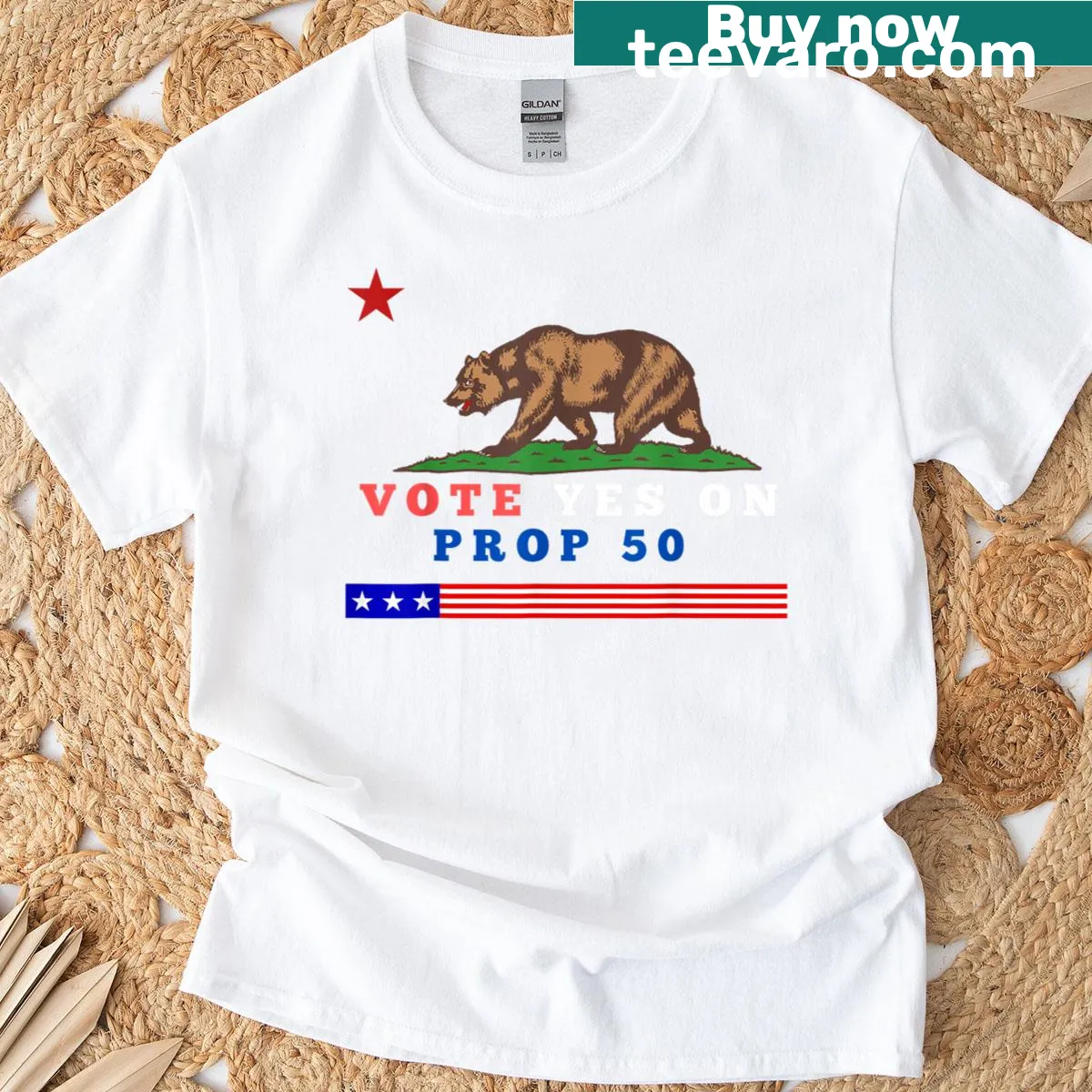 Vintage distressed t-shirt with Vote Yes On Prop 50 graphic. — on a men's t-shirt