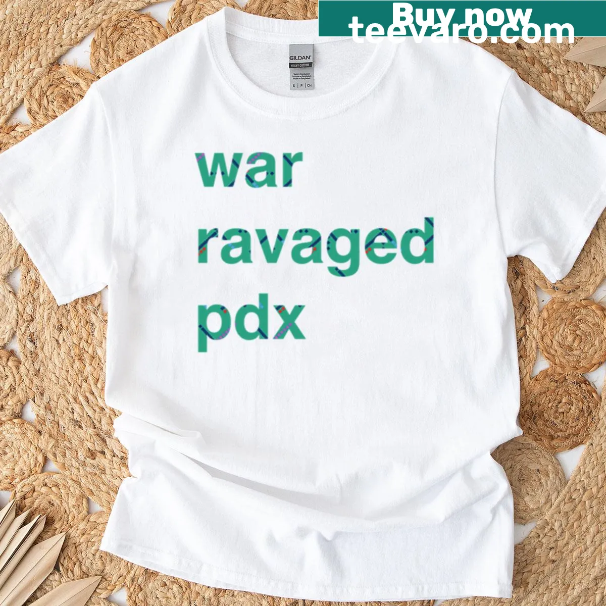 T-shirt featuring a graphic representing Portland's resilience and history. — on a men's t-shirt