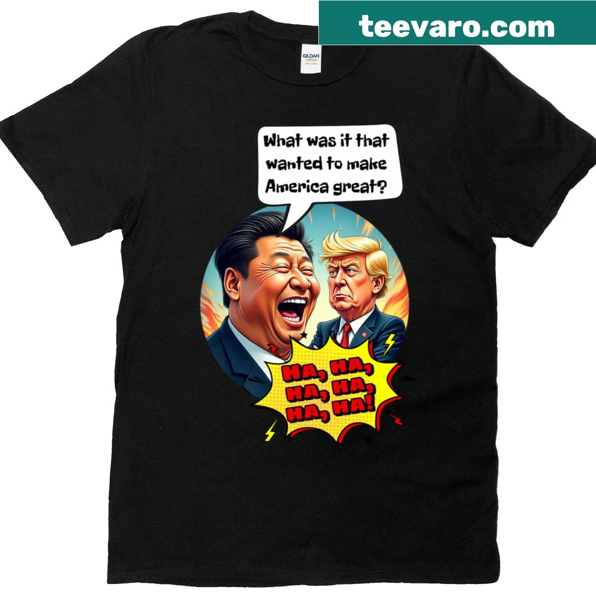Oversized satire T-shirt featuring Trump and Xi Jinping humor — on a men's t-shirt