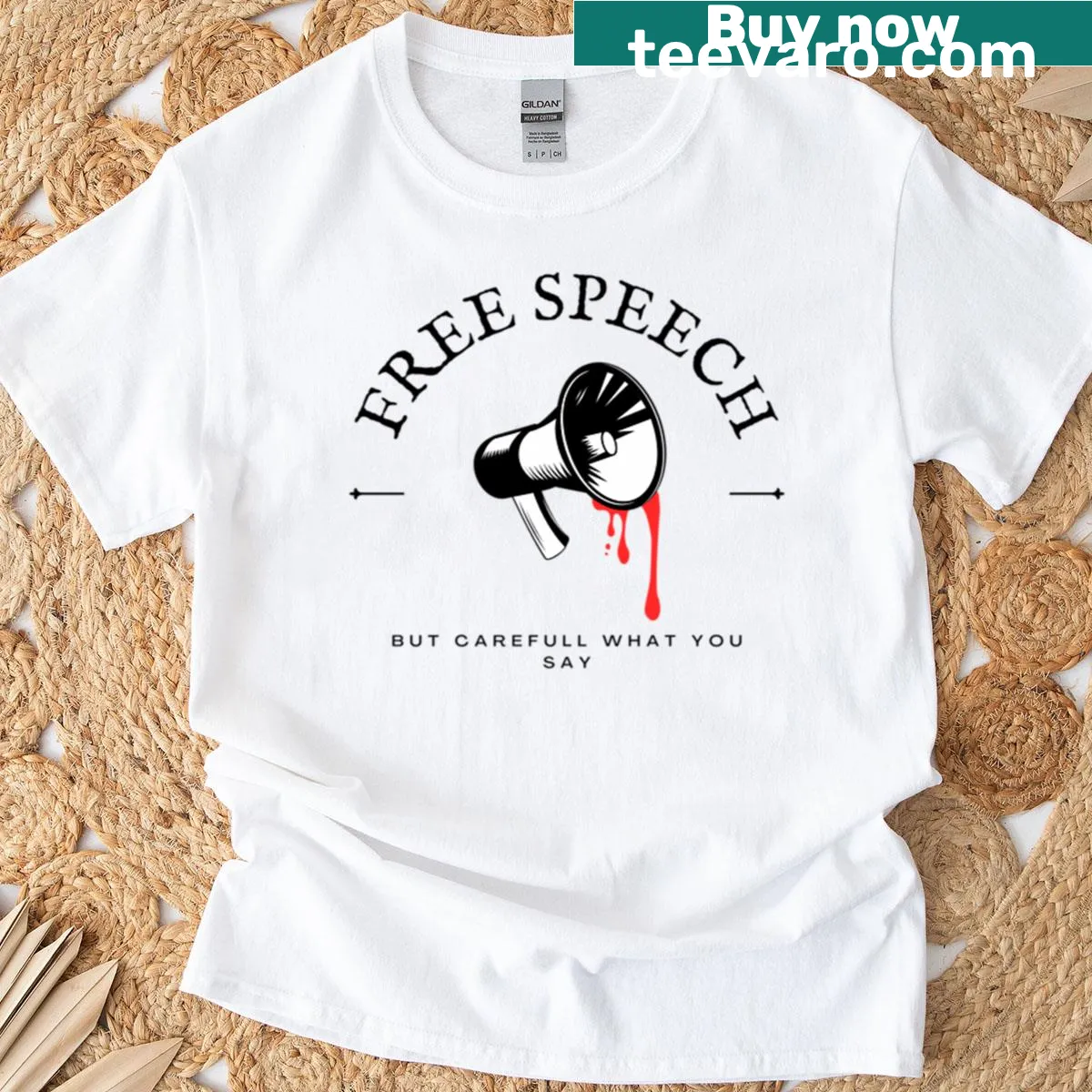 Oversized T-shirt with text about free speech and a mute button — on a men's t-shirt