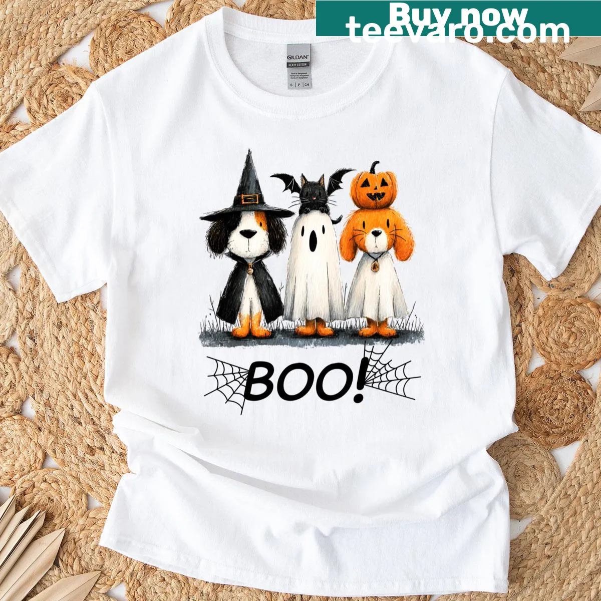 Halloween-themed T-shirt with cat and dog in costumes — on a men's t-shirt