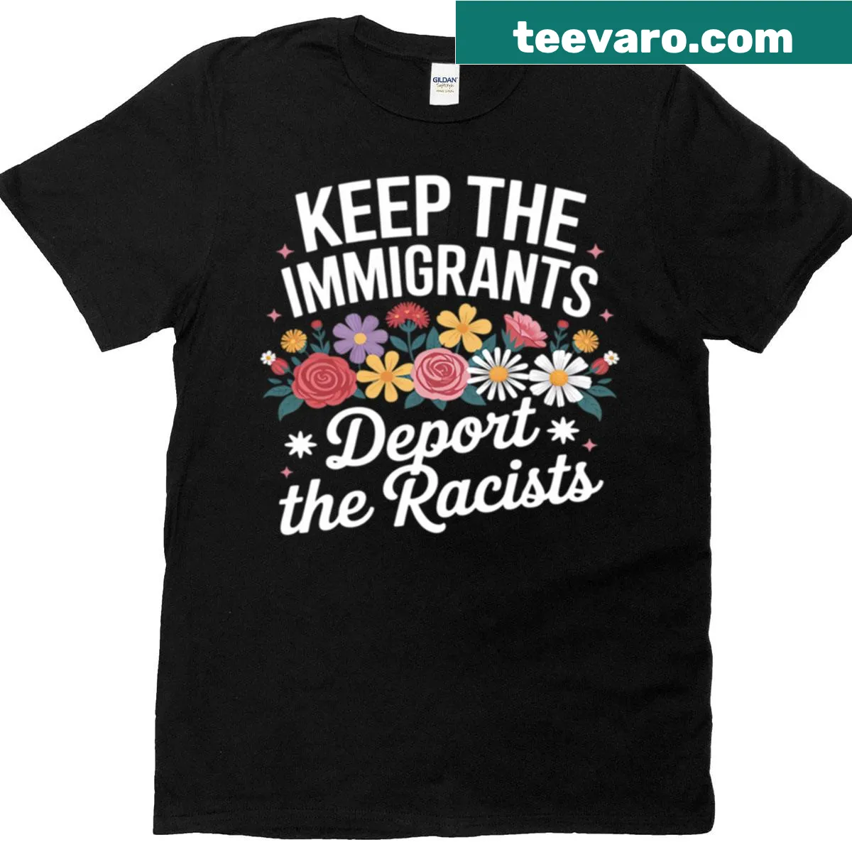 Bold t-shirt with a strong message about immigrants and racists — on a men's t-shirt