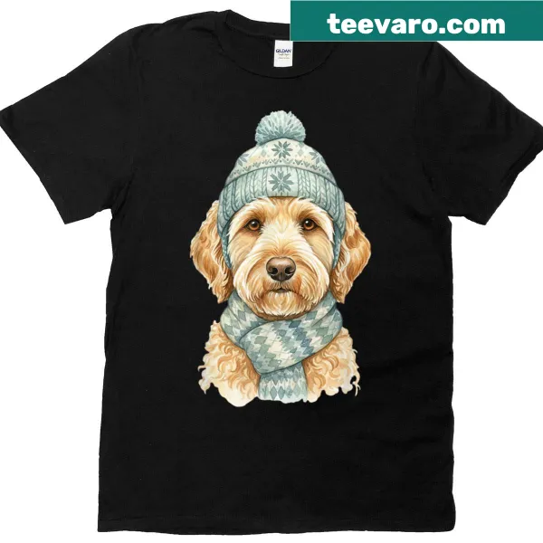 Cute yellow Labradoodle in hat and scarf t-shirt