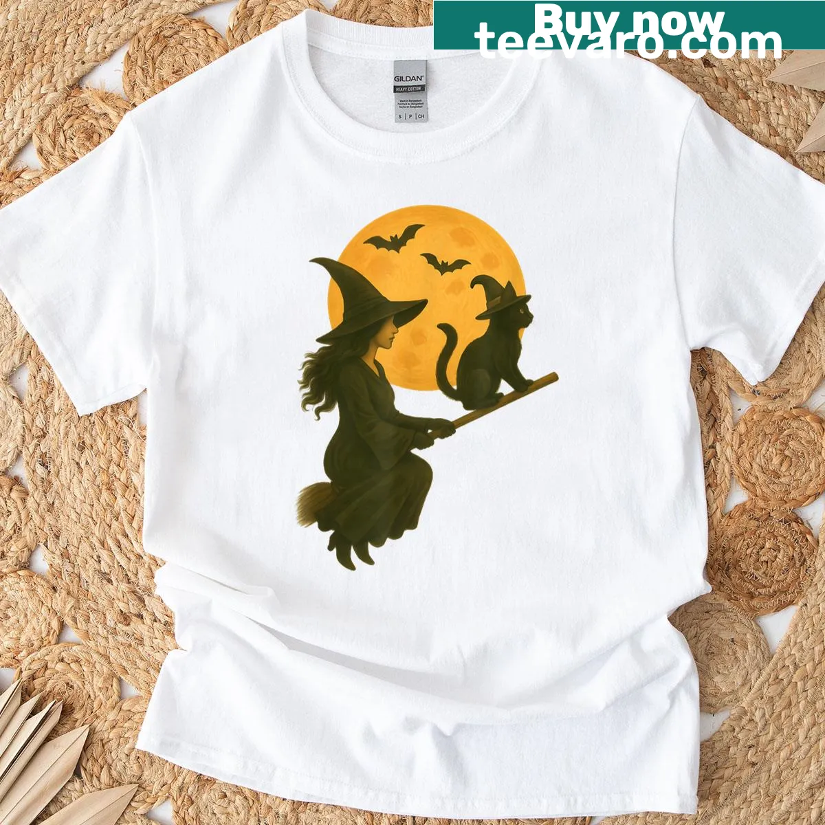 Witch graphic with cute black kitten for Halloween t-shirt — on a men's t-shirt