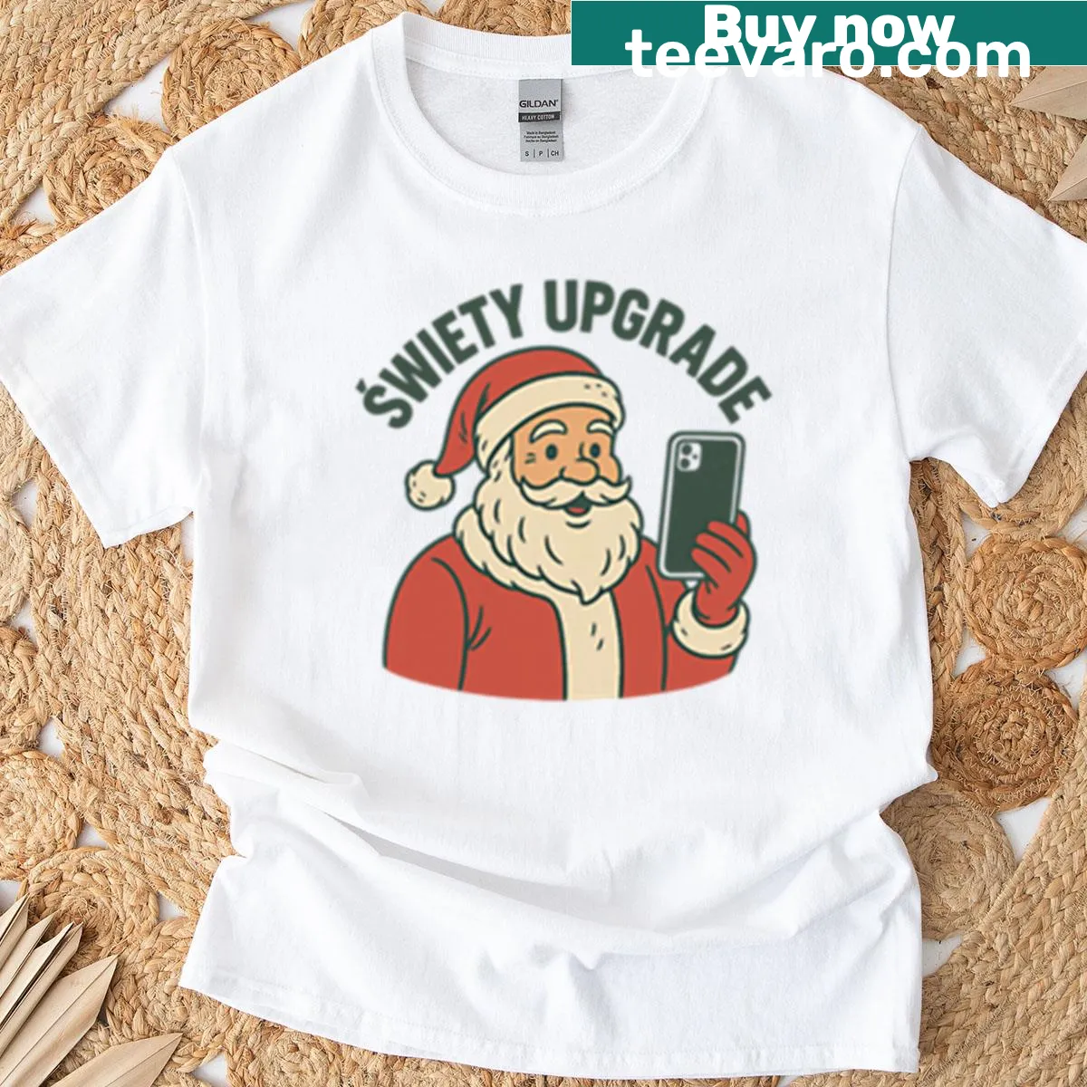 Funny Santa selfie t-shirt with oversized design — on a men's t-shirt