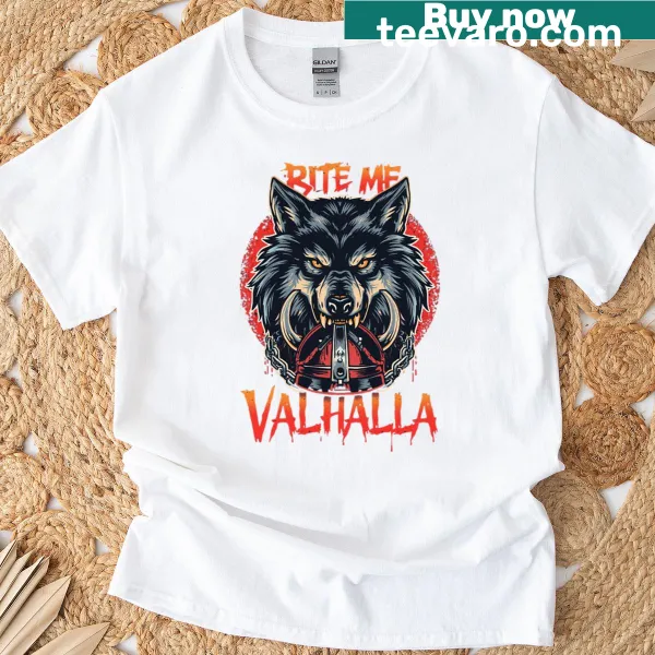Illustration of Fenrir the wolf with 'Bite Me' text on a t-shirt