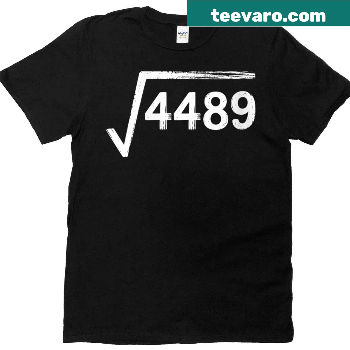 Funny math teacher t-shirt featuring the square root of 4489 — on a men's t-shirt