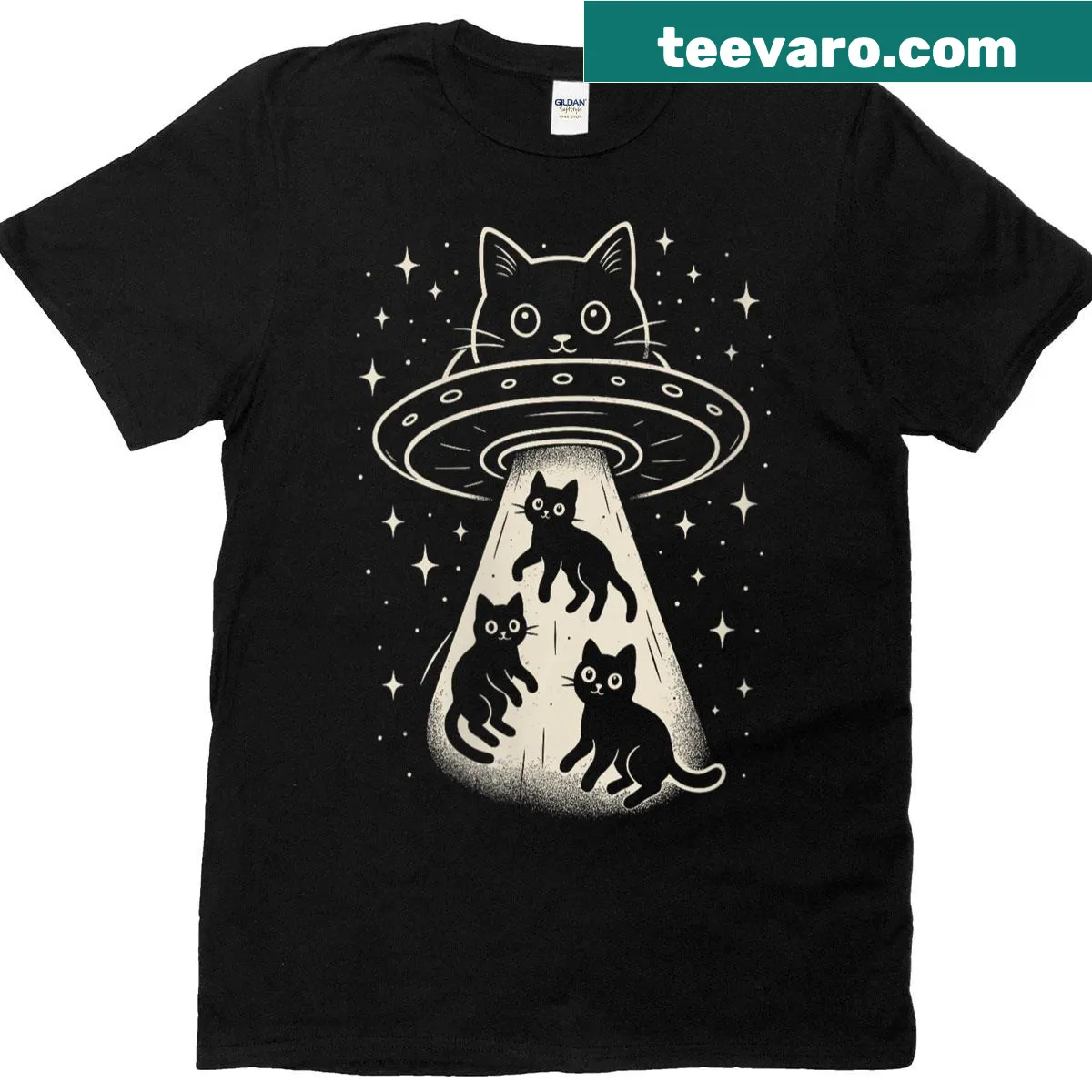 Funny cartoon T-shirt with alien cat and UFO design — on a men's t-shirt