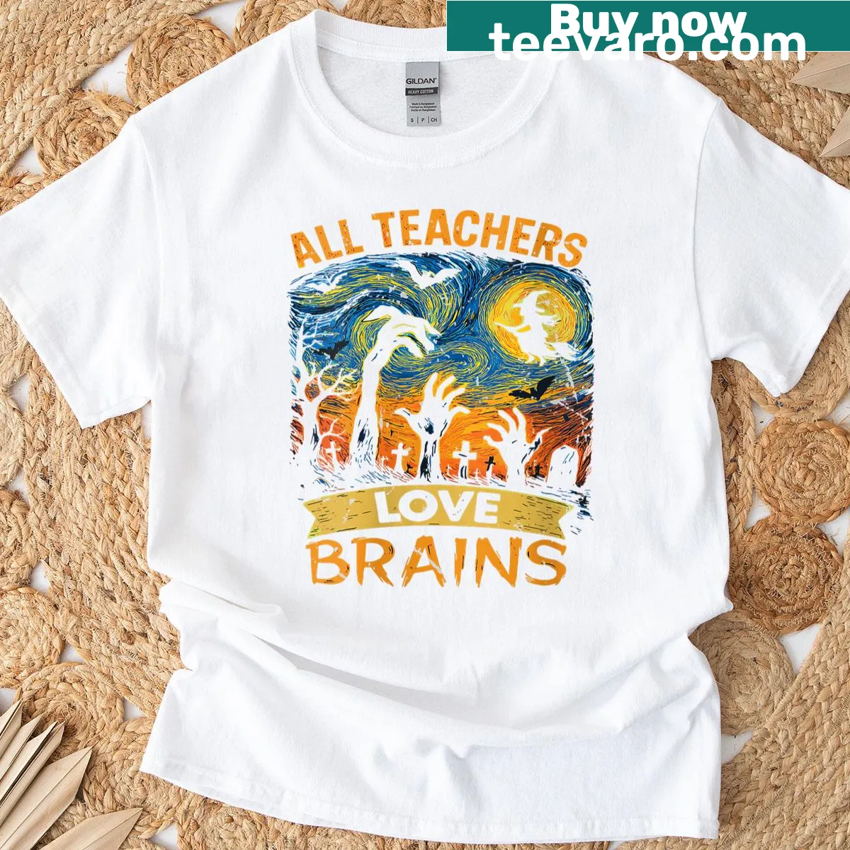 Funny Halloween design with 'All Teachers Love Brains' text on T-shirt — on a men's t-shirt