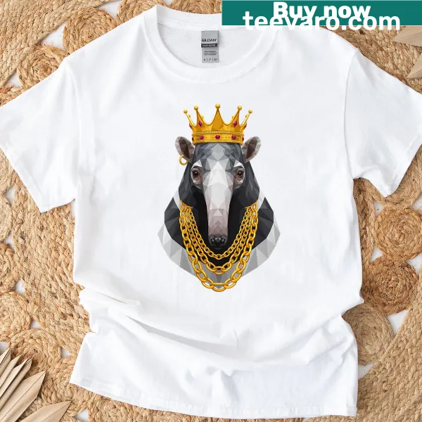 Cartoon anteater wearing a golden crown graphic on women’s t-shirt.