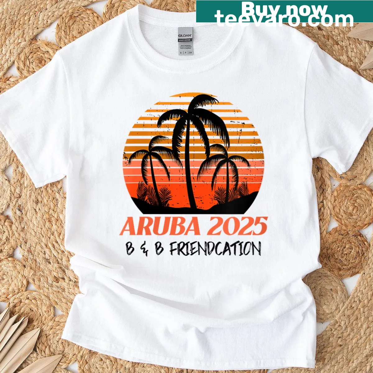 Illustrated Aruba Friendcation T-shirt designed for women — on a men's t-shirt