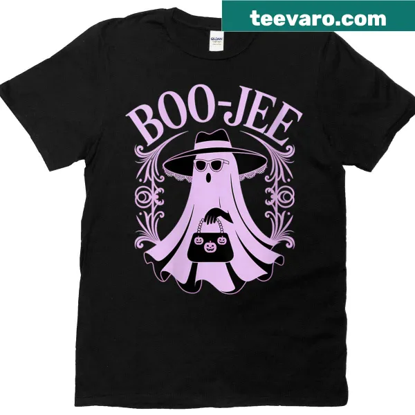 Funny Halloween T-shirt featuring a playful ghost and Boo Jee text