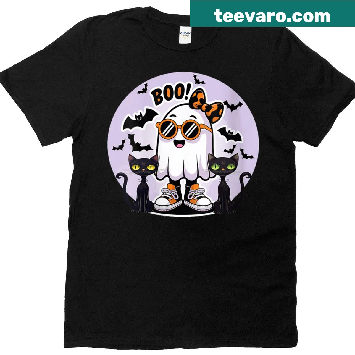 Cute Halloween t-shirt with bats, kitties, and ghosts — on a men's t-shirt