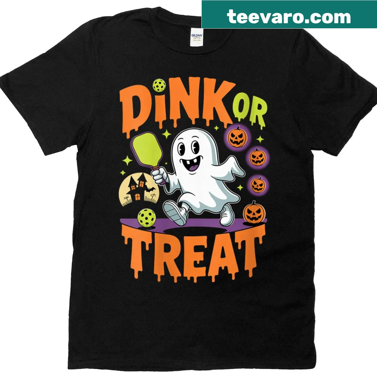 Funny pickleball Halloween T-shirt with 'Dink or Treat' text. — on a men's t-shirt