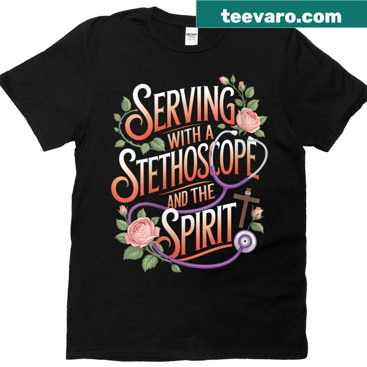 Inspirational nursing t-shirt with text 'God's Work in Scrubs' — on a men's t-shirt