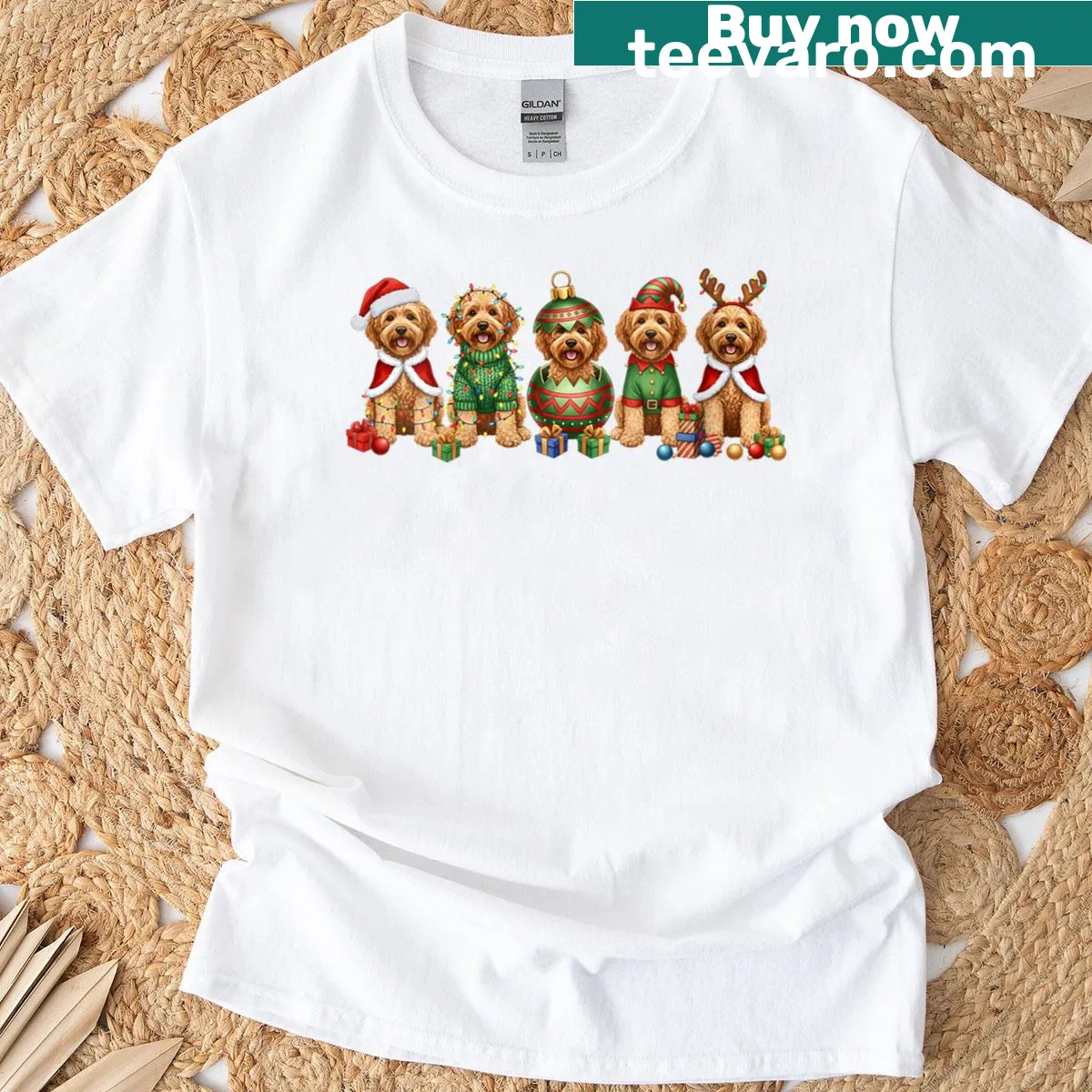 Goldendoodle Christmas t-shirt with festive lights design — on a men's t-shirt