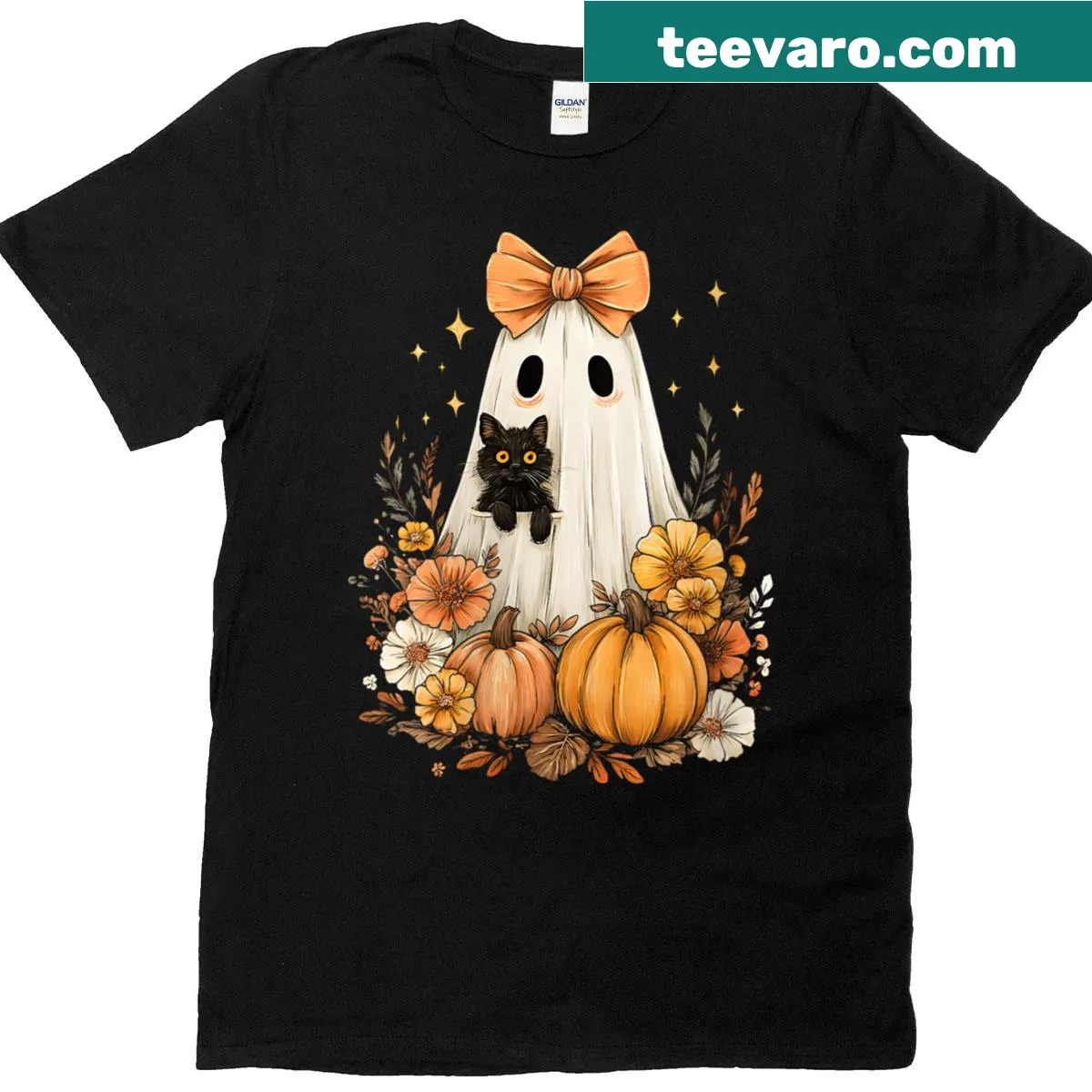 Cute Halloween tee featuring a ghost, black cat, and pumpkins — on a men's t-shirt