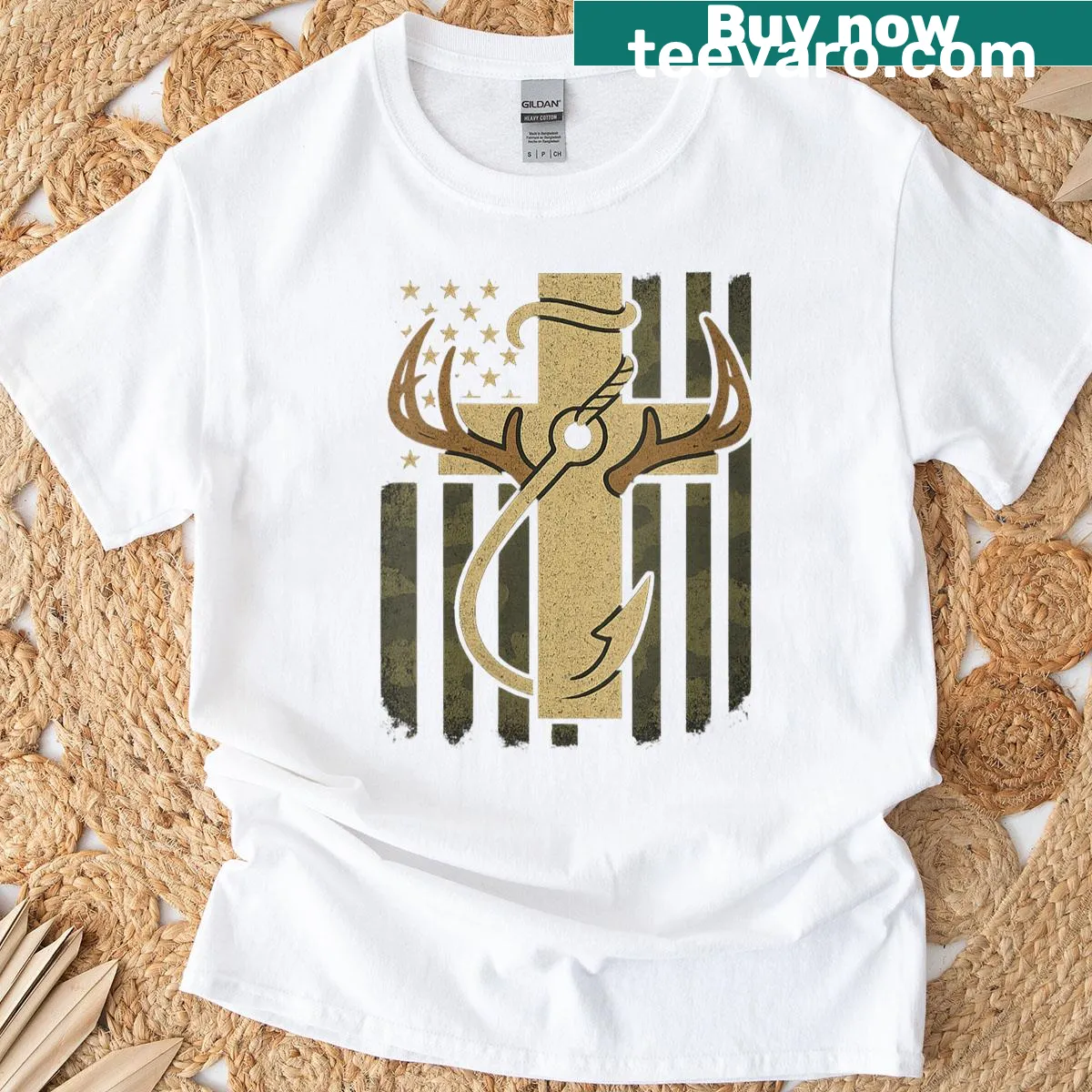 Hooked antlers and American flag graphic t-shirt for outdoor lovers. — on a men's t-shirt