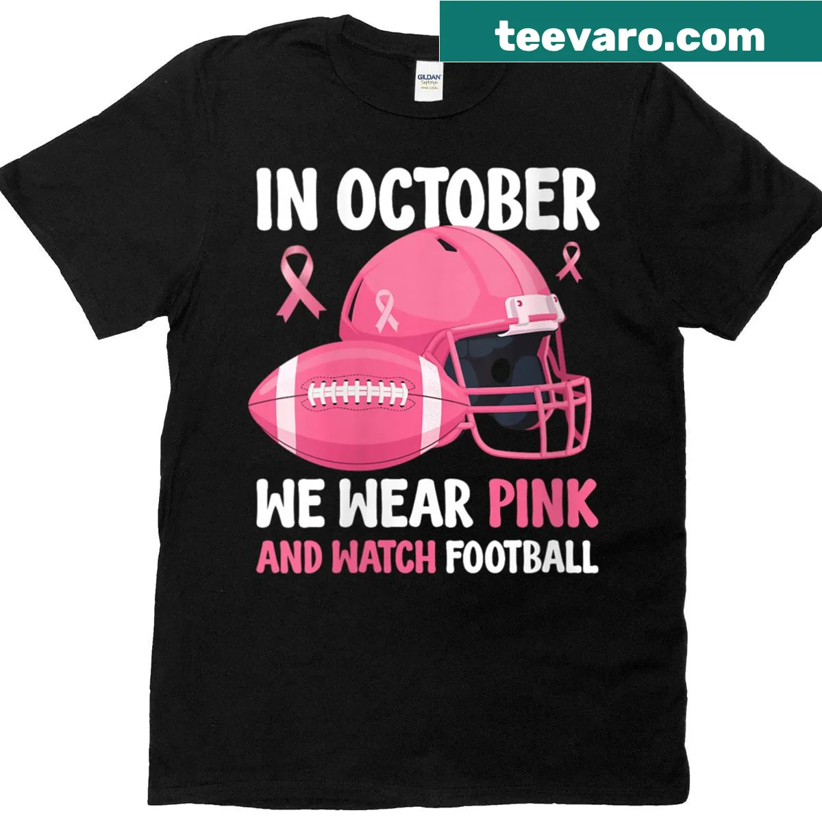 Pink breast cancer awareness T-shirt with football graphic and slogan — on a men's t-shirt