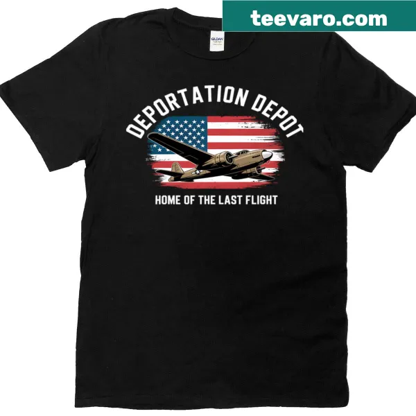 Vintage-style women's patriotic T-shirt with the phrase American Deportation Depot