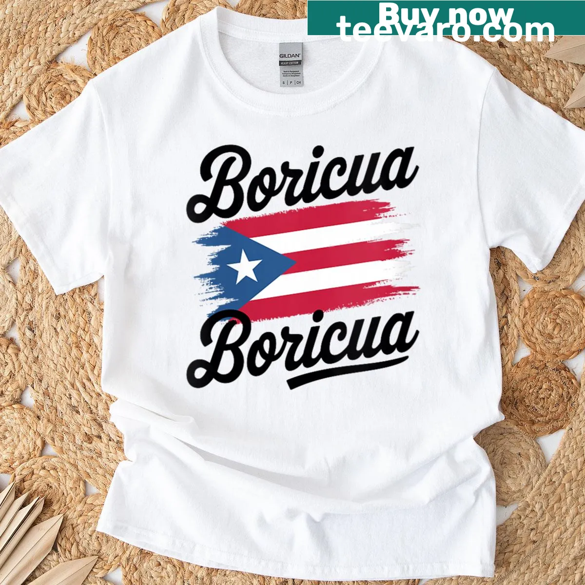 Illustrated T-shirt featuring the Puerto Rico national flag — on a men's t-shirt