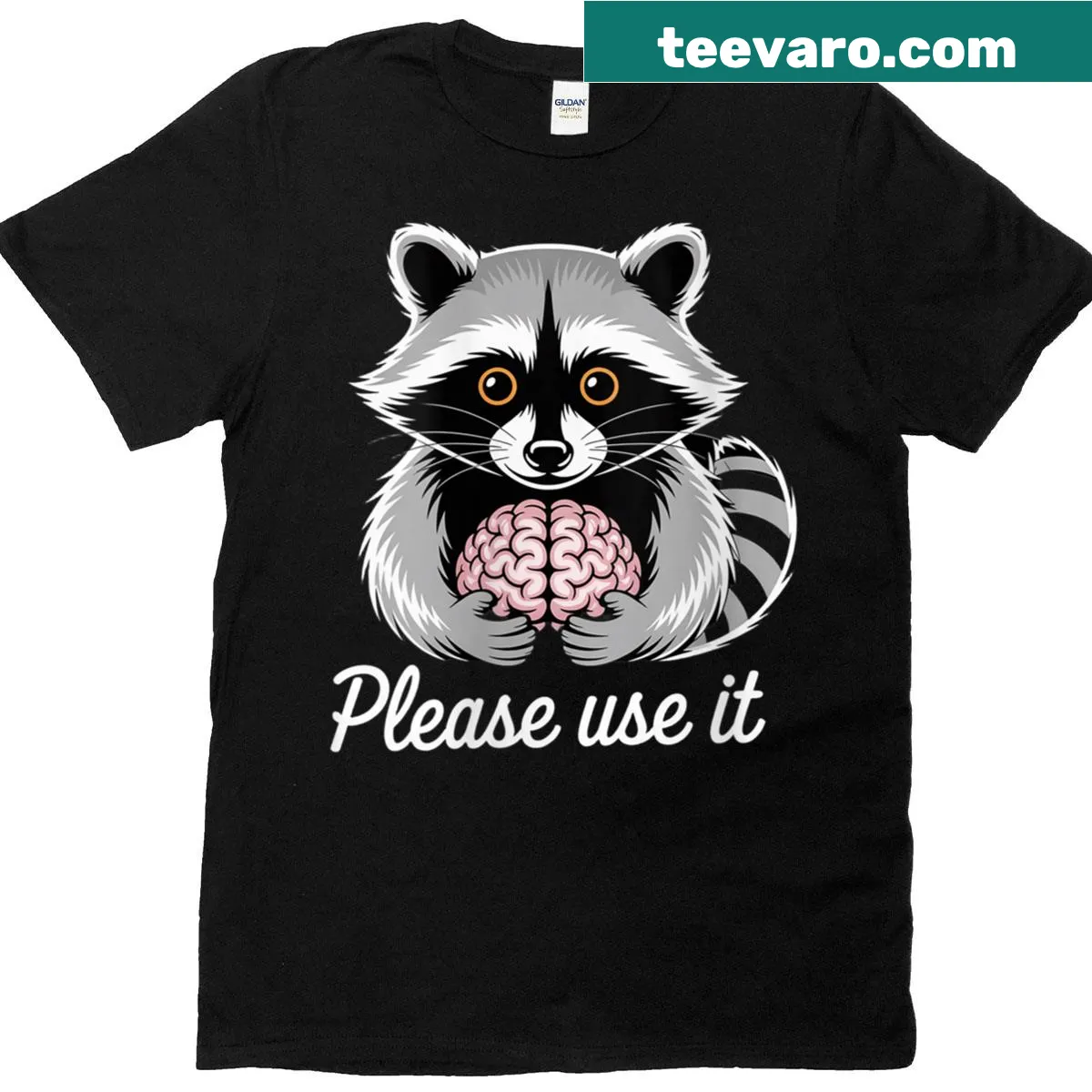 Illustrative tee featuring a raccoon with a human brain and text — on a men's t-shirt