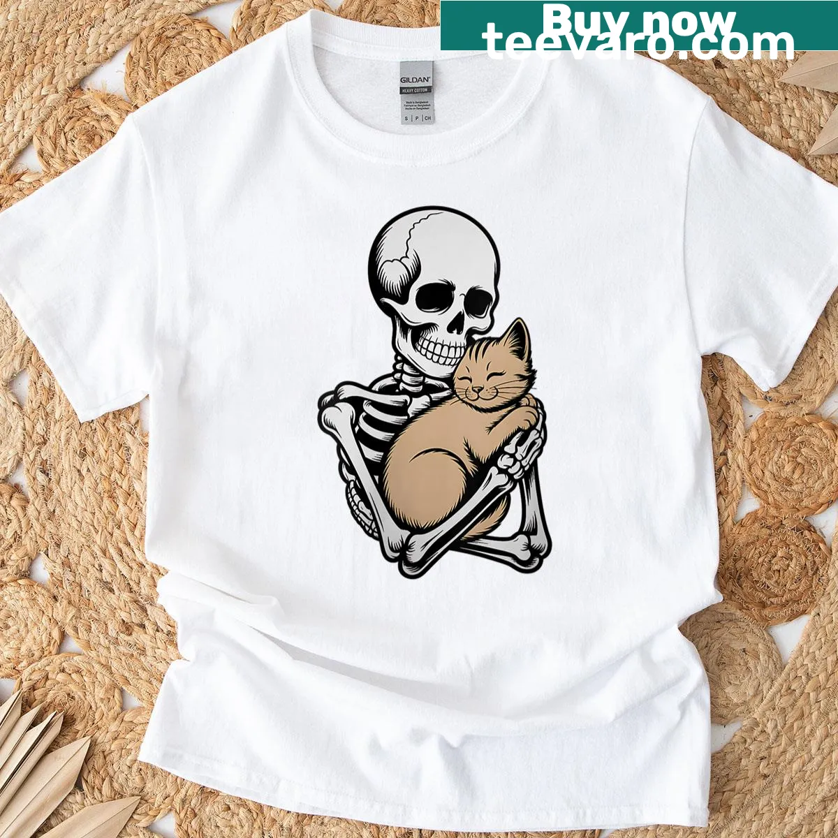 T-shirt featuring a skeleton hugging a cat in a Halloween theme — on a men's t-shirt