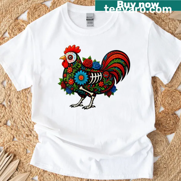 Illustrated sugar skull chicken design for Dia De Muertos