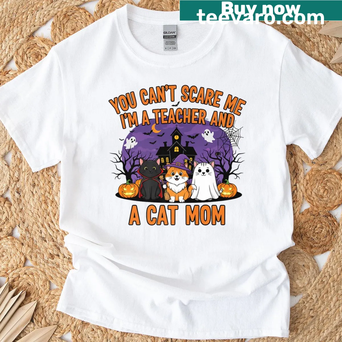 Funny T-shirt stating 'You Can't Scare Me I'm A Teacher Cat Mom' — on a men's t-shirt