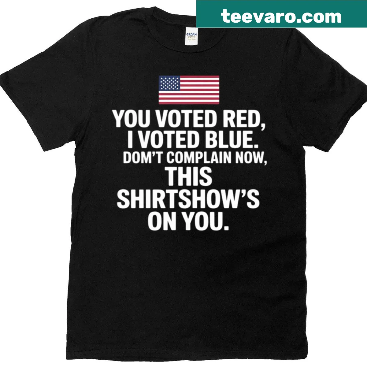 Political tee with 'You Voted Red I Voted Blue' text — on a men's t-shirt