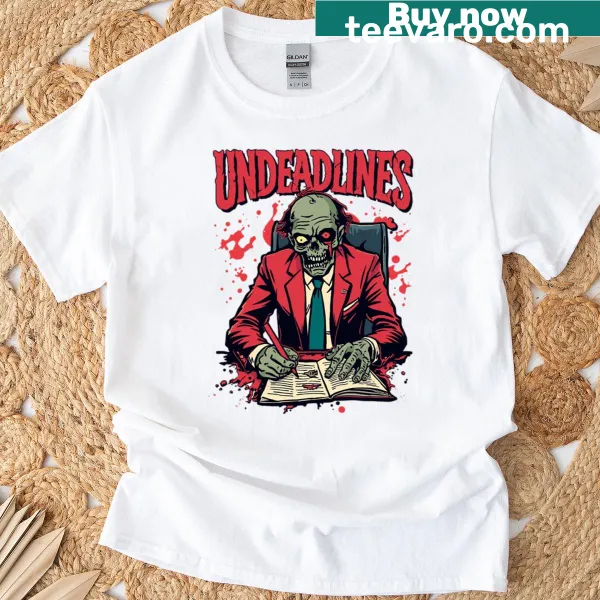 Boxy T-shirt with quirky zombie graphic and 'undeadlines' text