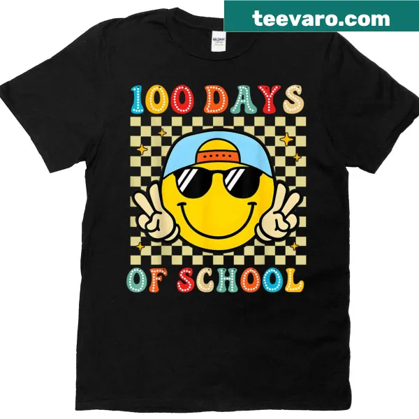 T-shirt celebrating the 100th day of school with a groovy face graphic