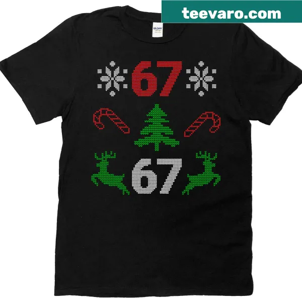 Ugly Christmas T-shirt with festive design featuring numbers 6 and 7.