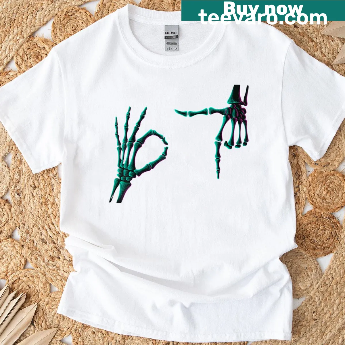 Funny Halloween t-shirt with cartoon skeleton hands — on a men's t-shirt