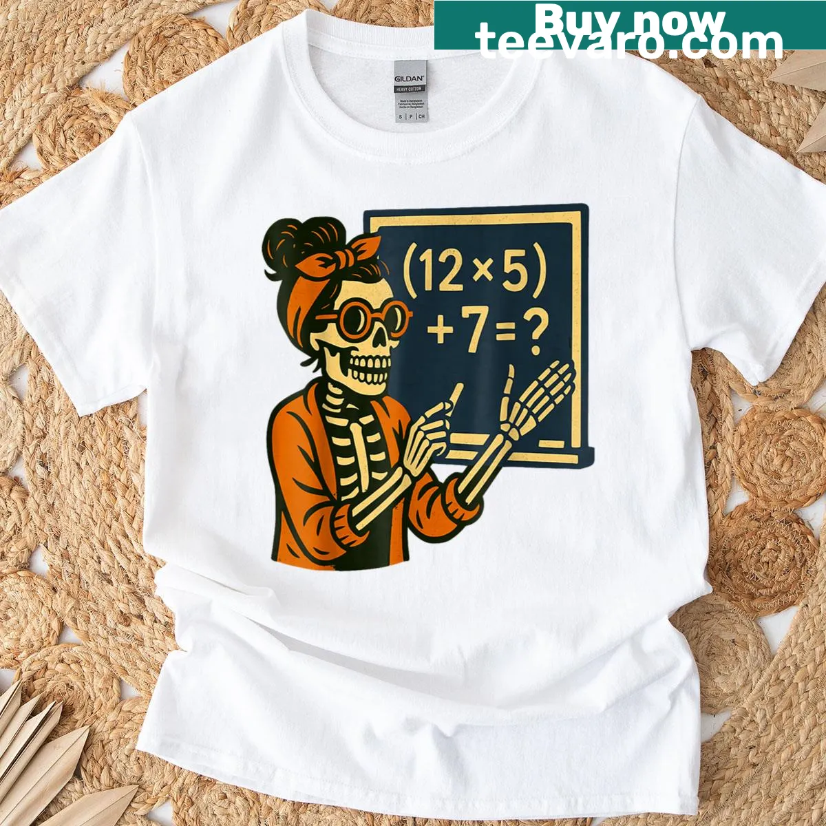 Teacher Halloween T-shirt with skeleton and math-themed design — on a men's t-shirt