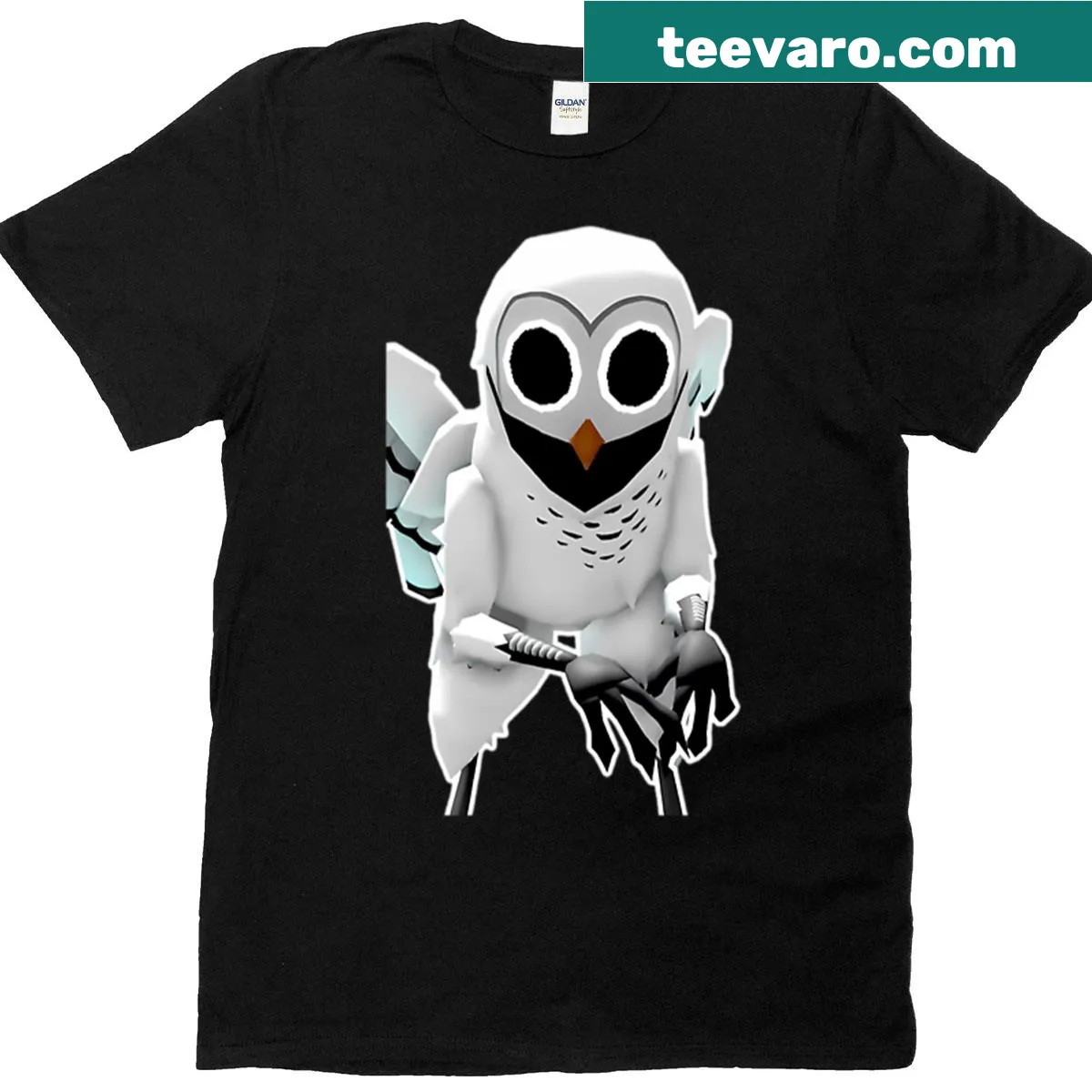 T-shirt featuring an owl illustration representing the forest theme — on a men's t-shirt