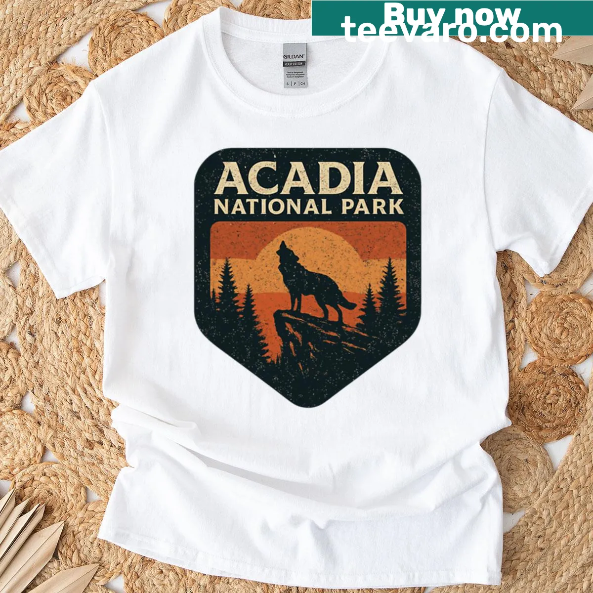 Vintage badge design featuring a wolf and Acadia National Park theme — on a men's t-shirt