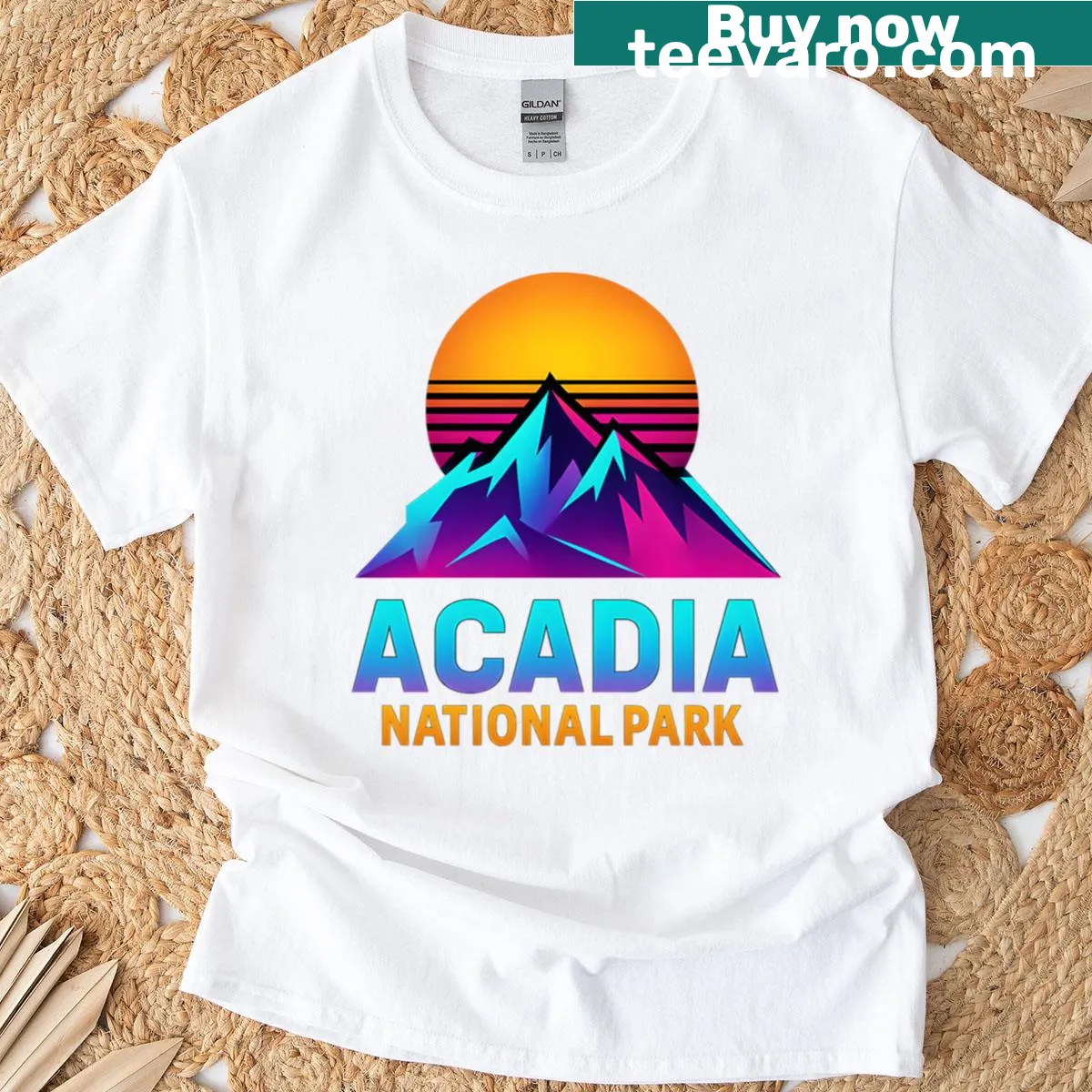 Vintage style T-shirt featuring Acadia National Park mountains — on a men's t-shirt