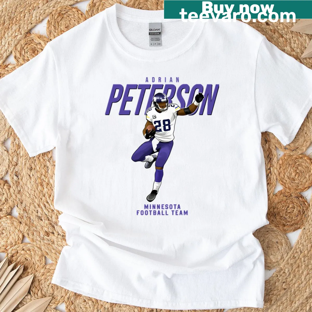 Illustrated Adrian Peterson 28 t-shirt celebrating the Minnesota Football Team — on a men's t-shirt