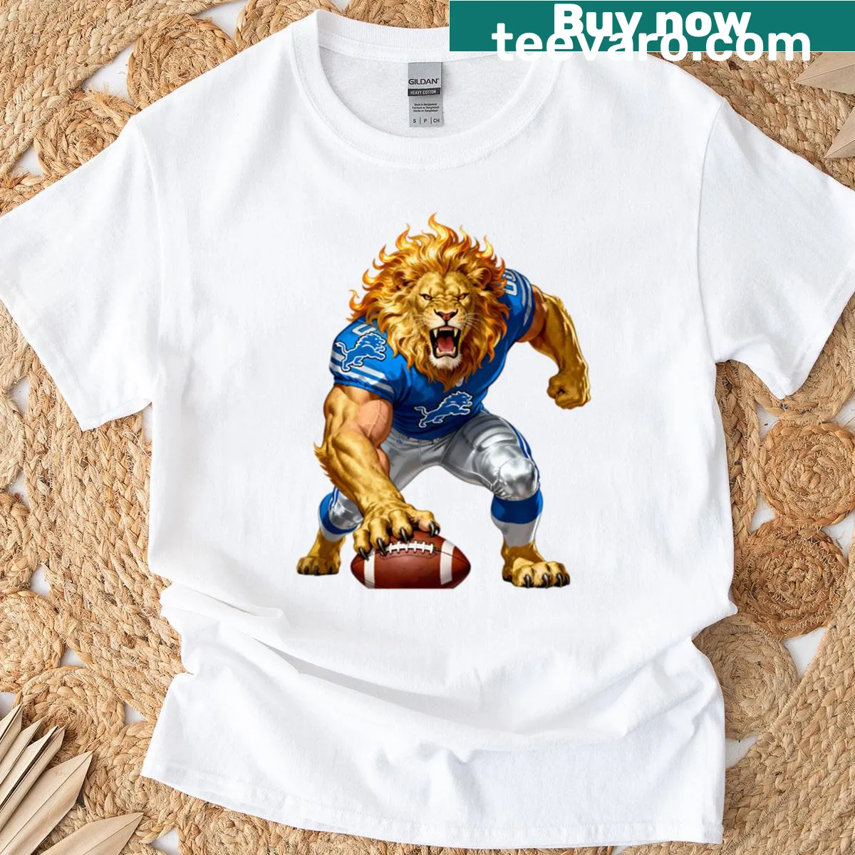 Football lion mascot T-shirt representing Detroit team pride — on a men's t-shirt