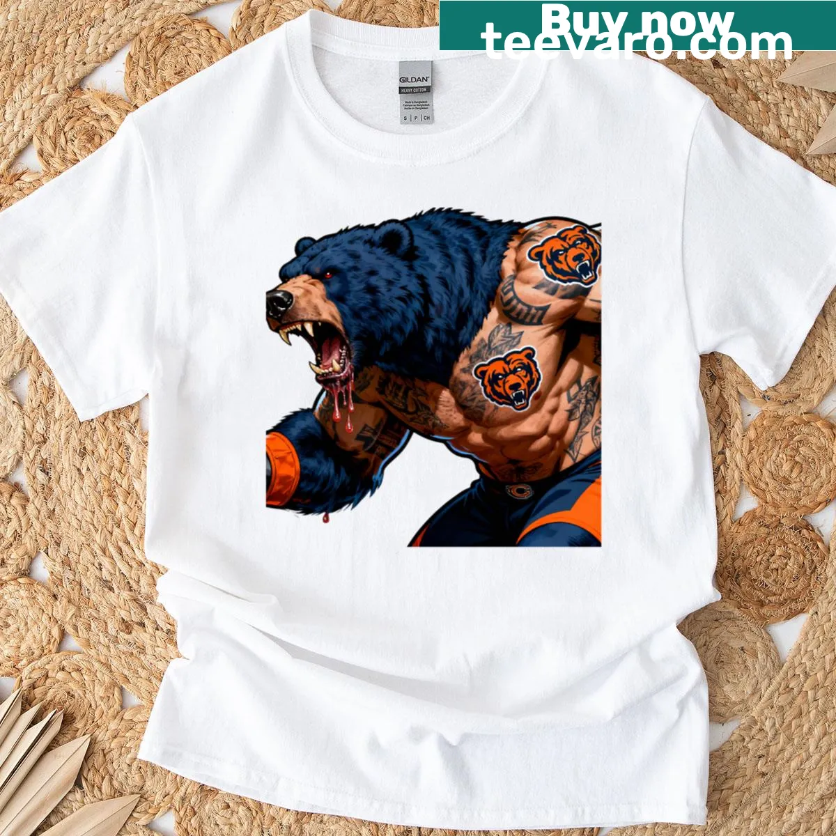 Cartoon bear baseball mascot graphic T-shirt with tattoos — on a men's t-shirt