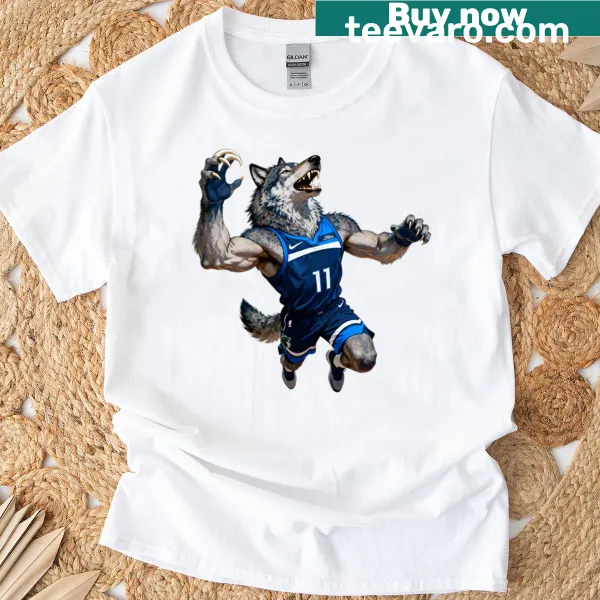 Aggressive wolf mascot dunking a basketball T-shirt