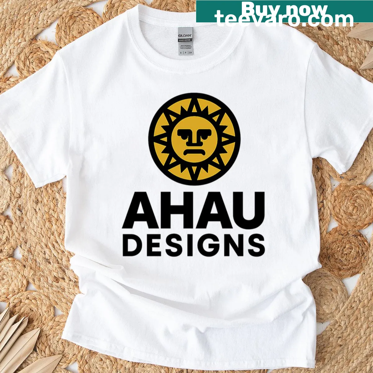 Minimalist golden sun emblem design for Ahau Designs — on a men's t-shirt